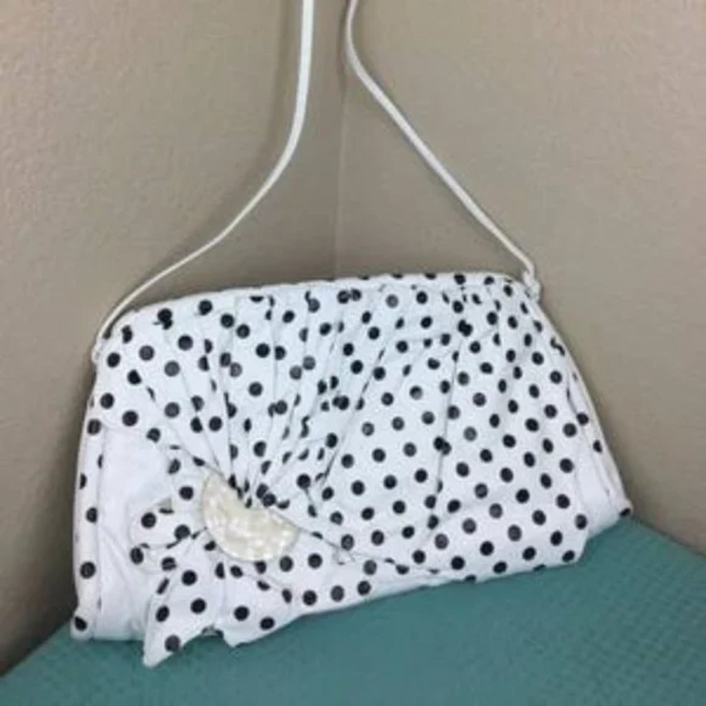 Vintage White With Black Polka Dots Leather Bag.